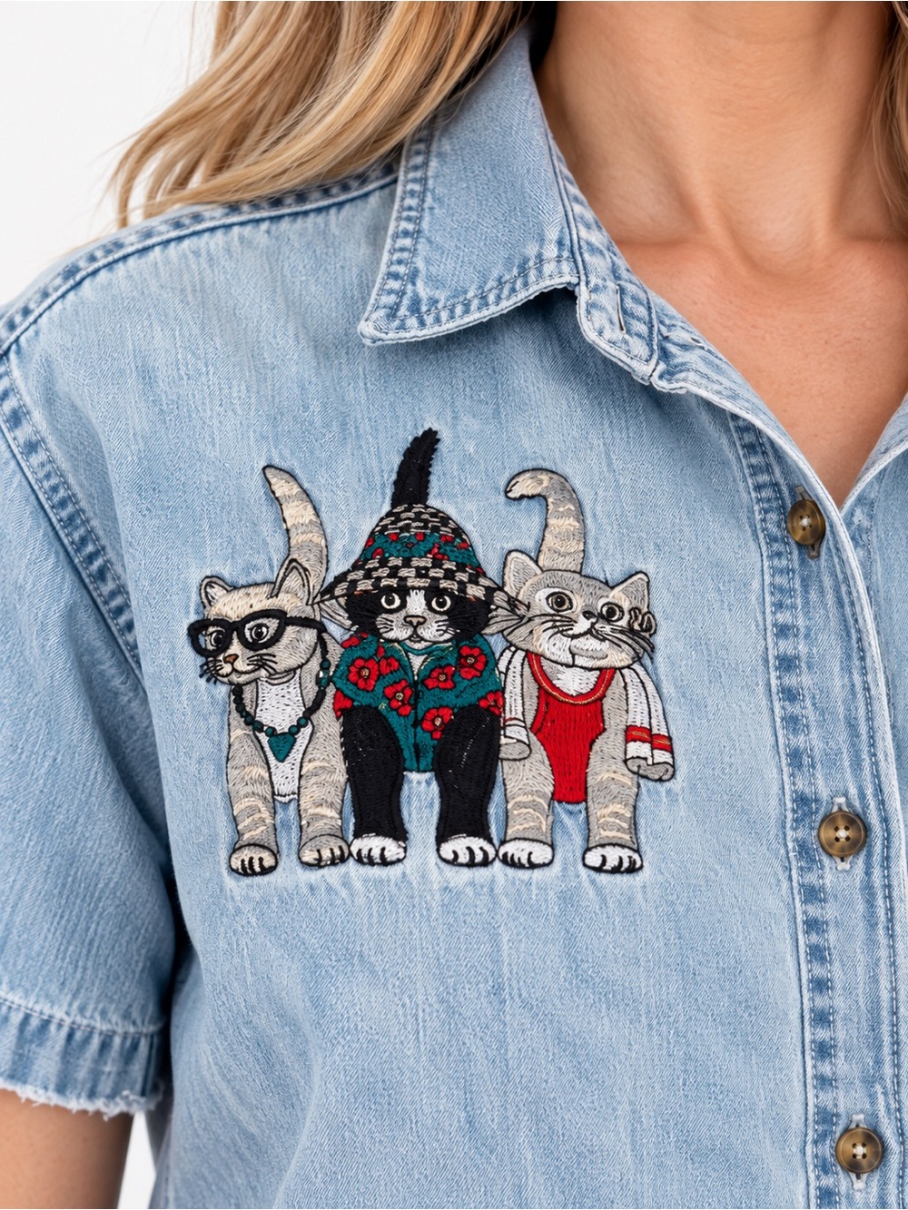 Bobbie Brooks Light Wash Denim Cat Embroidered Short Sleeve Shirt Cat Lady